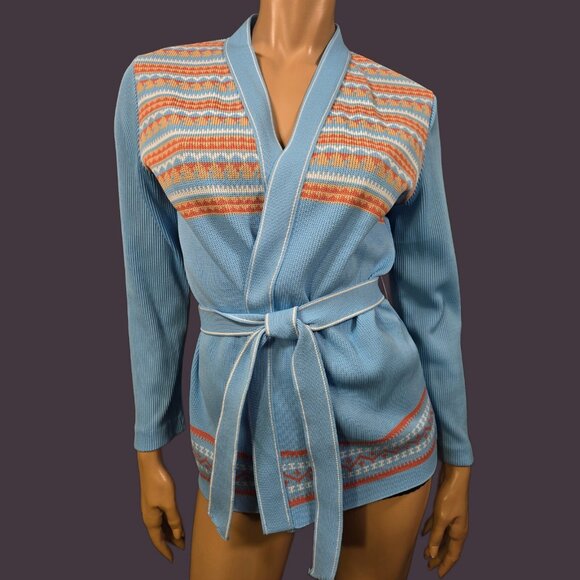 Vintage 70s Belted Cardigan Womens Size M Blue Orange Ribbed Long Sleeve - Picture 1 of 10